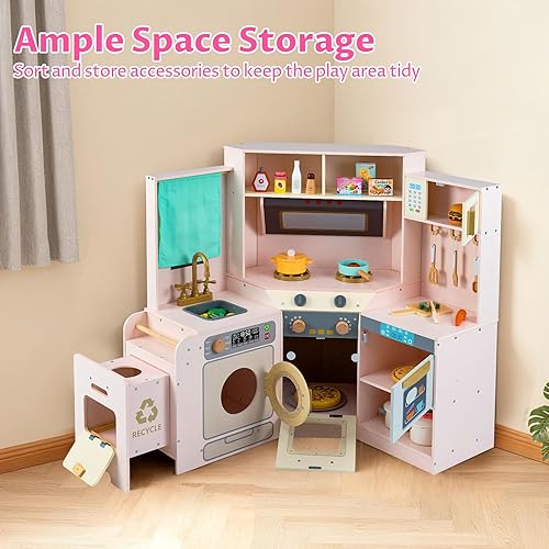 Miniatura 8 de INFANS Juego de cocina esquinera para niños, juego de cocina de madera para niños pequeños con campana extractora, contenedor de basura, gabinete de