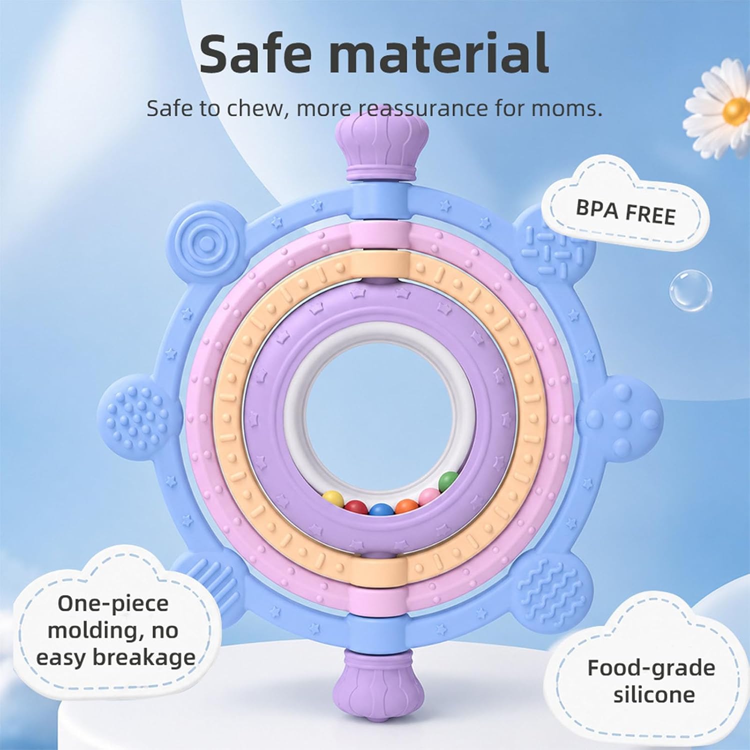 Rotatable Silicone Teether Toy for Babies Over 3 Months -BPA Free, Food Grade Infant Teething Toy with Rattle Ring, Multi Textures Colorful Teethers for Teething Rellief, Sucking Needs, Freezable