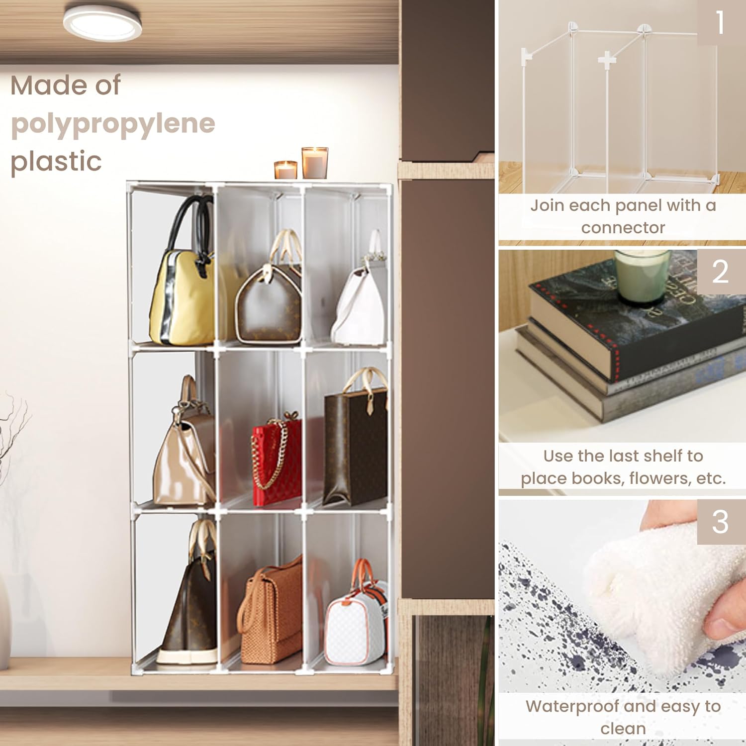Image showing the XOKOTAKI Modular Organizer made of polypropylene plastic and a hand wiping it with a cloth, demonstrating its easy-to-clean feature.