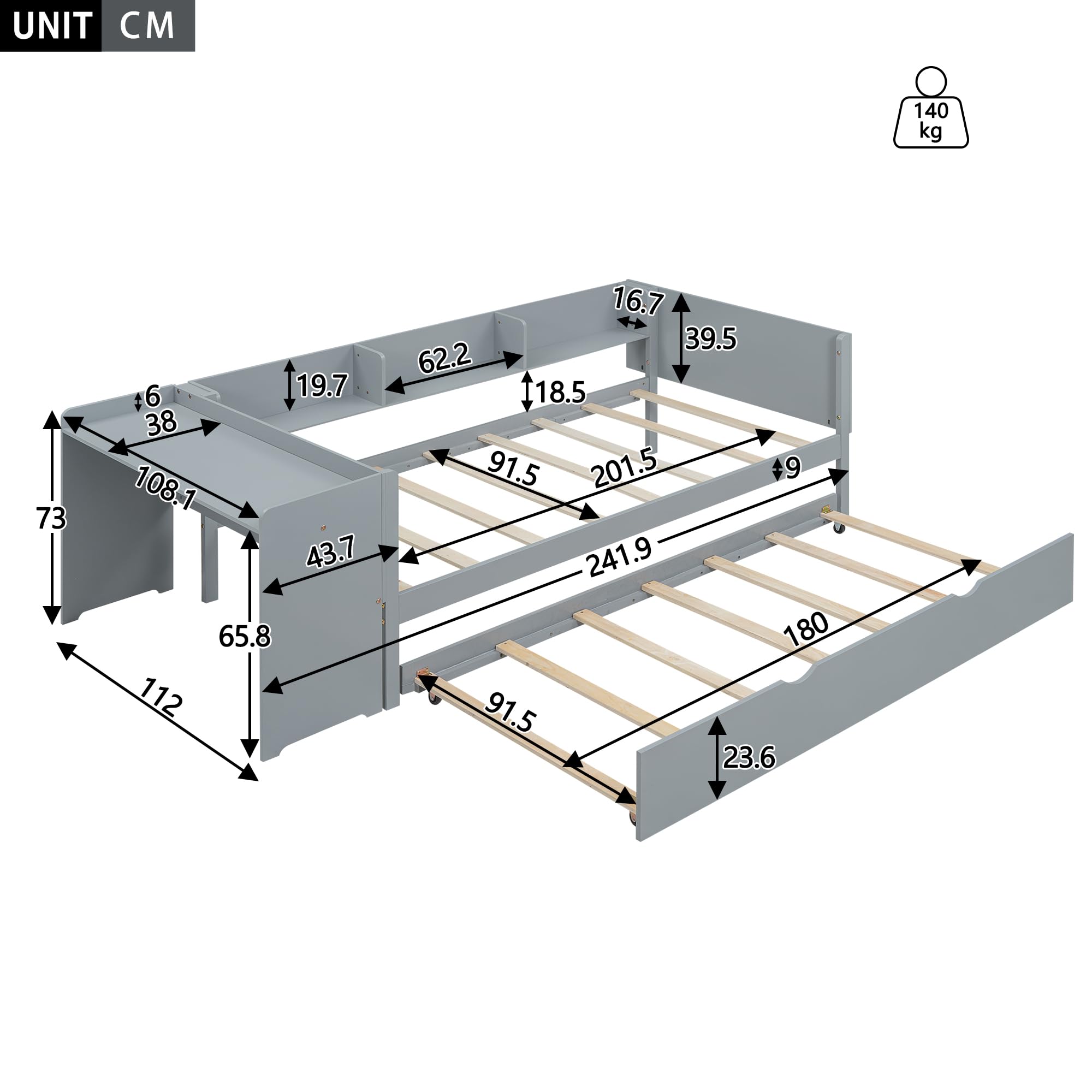 Moimhear 90 * 200cm, Flachbett, mit ausziehbarem Bett, mit Schreibtisch, DREI Regale an der Seite des Bettes (grau)