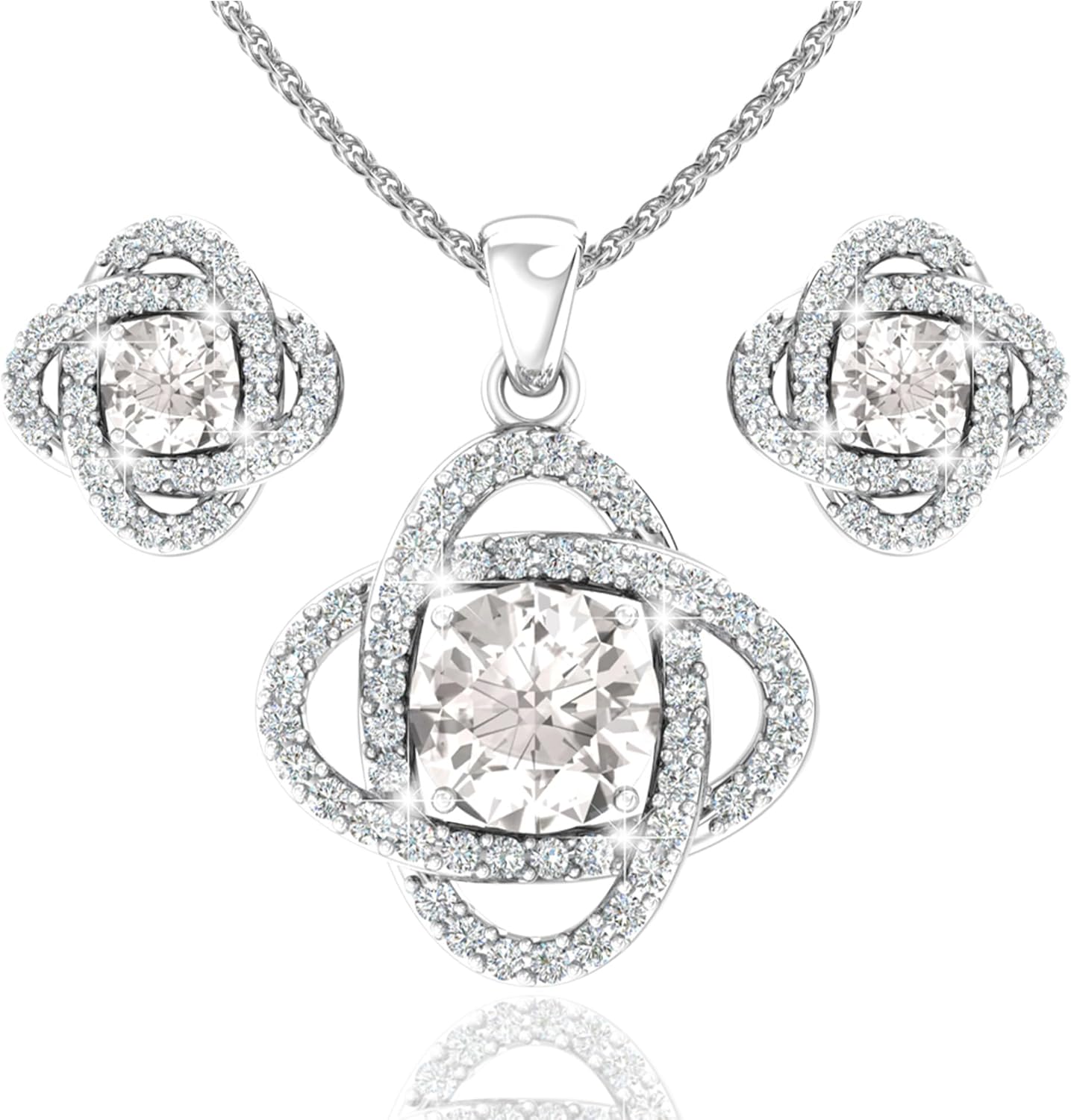 Women 925 Sterling Silver Cute Love Knot Sparkling Gemstone Push Back Stud Earrings Hanging Pendant Necklace Beautiful Fine Jewelry Accessory Set, 1.65 Carat