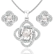 Women 925 Sterling Silver Cute Love Knot Sparkling Gemstone Push Back Stud Earrings Hanging Pendant Necklace Beautiful Fine Jewelry Accessory Set, 1.65 Carat