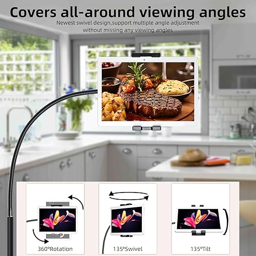 Miniatura 8 de wishacc Soporte de suelo para tablet con soporte de cuello de cisne ajustable, giratorios y ruedas para mesita de noche, compatible con iPad, Galaxy