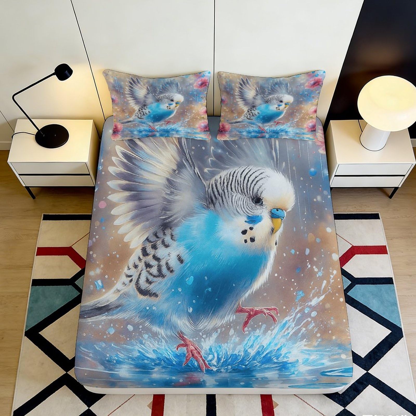 3D Printed Parrot Fitted Sheet Soft Microfiber Deep Pocket Parrot Mattress Fitted Cover Non-Slip Bedding for Bedroom 180x200x25cm