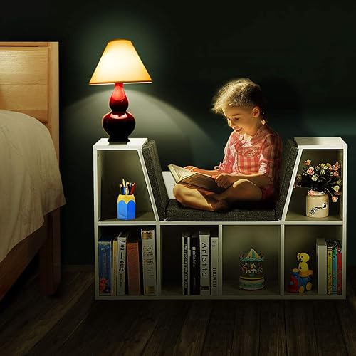 Miniatura 16 de HONEY JOY Organizador de rincón de lectura con cojín de asiento, estantería para niños con rincón de lectura, estante de almacenamiento de esquina