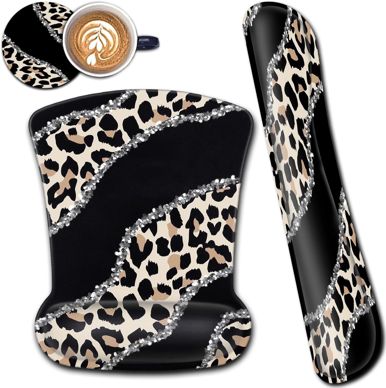 Ergonomic Mouse Pad Wrist Support and Memory Foam Keyboard Wrist Rest Set,Gel Mouse Mat with Non-Slip PU Base,Keyboard Palm Rest for Home Office Wireless Gaming Black Mouse Pad Leopard Pattern