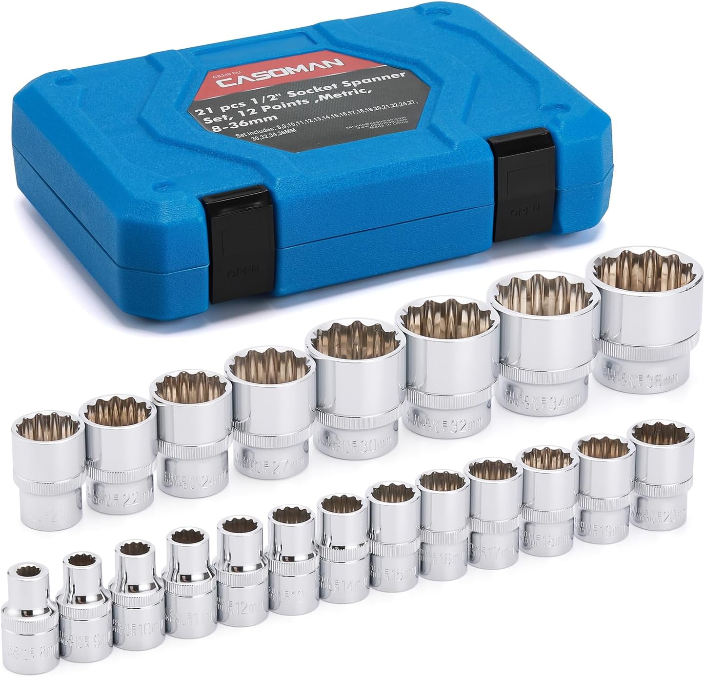 21PCS 1/2-Inch Drive Spline Socket Set, 8-36mm, CR-V Steel, Multi-Tooth Socket Set, 12-Point Desgin, Metric