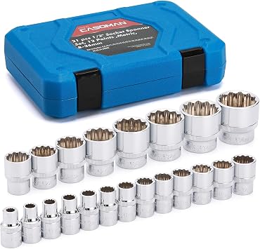 CASOMAN 21PCS 1/2-Inch Drive Spline Socket Set, 8-36mm, CR-V Steel, Multi-Tooth Socket Set, 12-Point Desgin, Metric