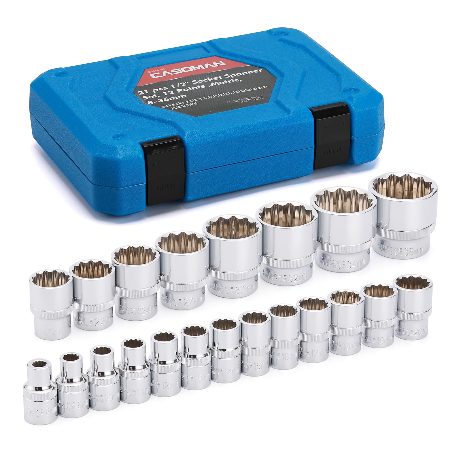 CASOMAN Set di 21 chiavi a bussola da 1/2", 8-36 mm, in acciaio CR-V, dadi a denti multipli per auto, design a 12 punti, metrico
