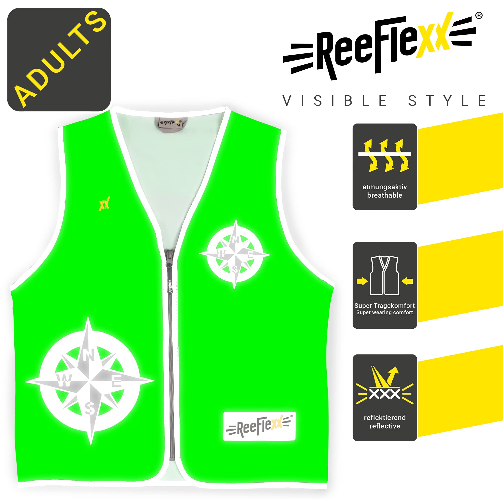 REEFLEXX Gilet réfléchissant pour homme avec adaptateur de taille Gilet réfléchissant pour plus de visibilité dans la circulation routière grâce aux réflecteurs, couleurs et motifs Boussole verte