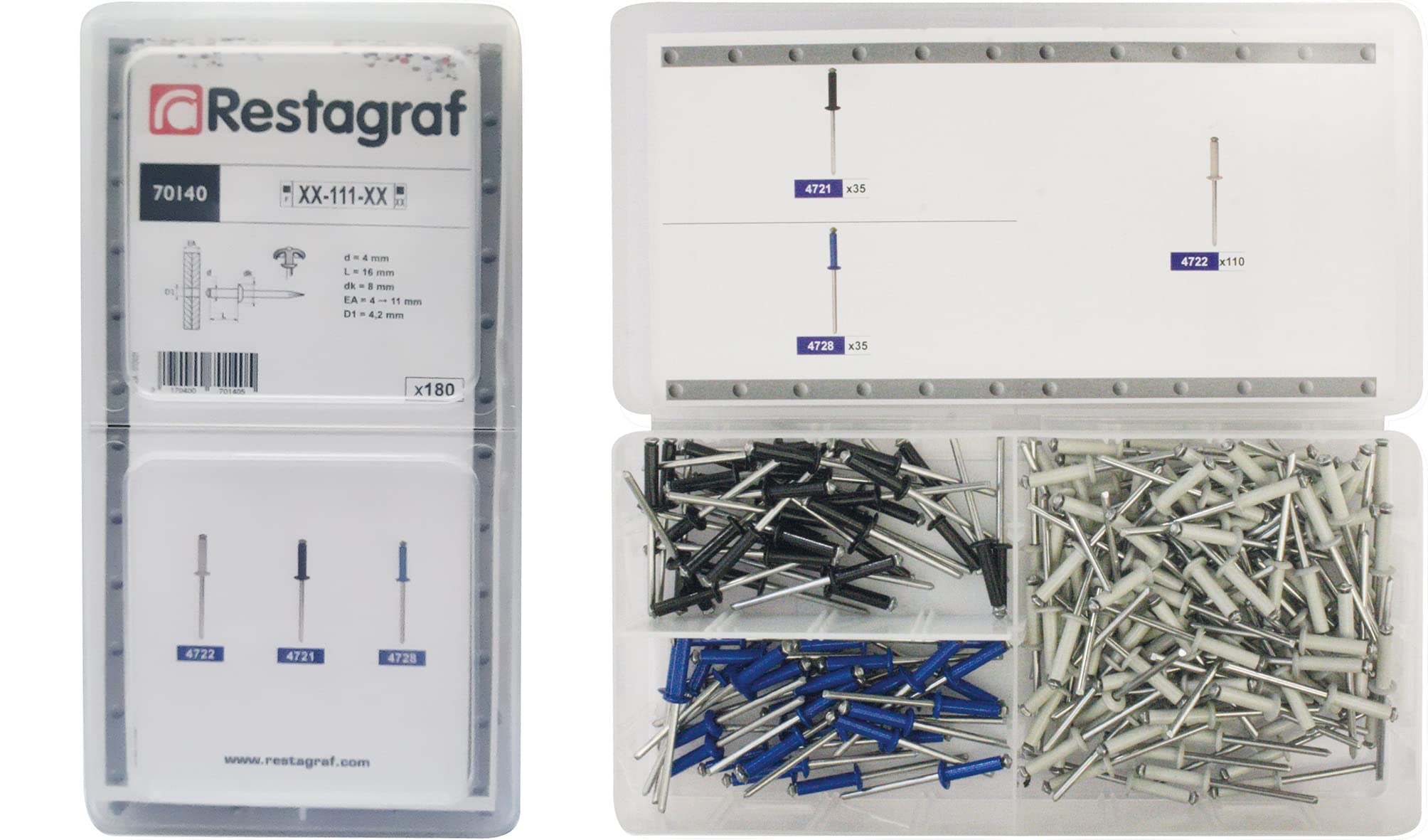 Restagraf - Coffret de Fixations Type Rivets Épanouis Peints pour Plaques d'Immatriculation - Assortiment pour Carrosserie Générale OEM - 4 x 16 mm - Réf. 70140 - Coffret de 180 pcs