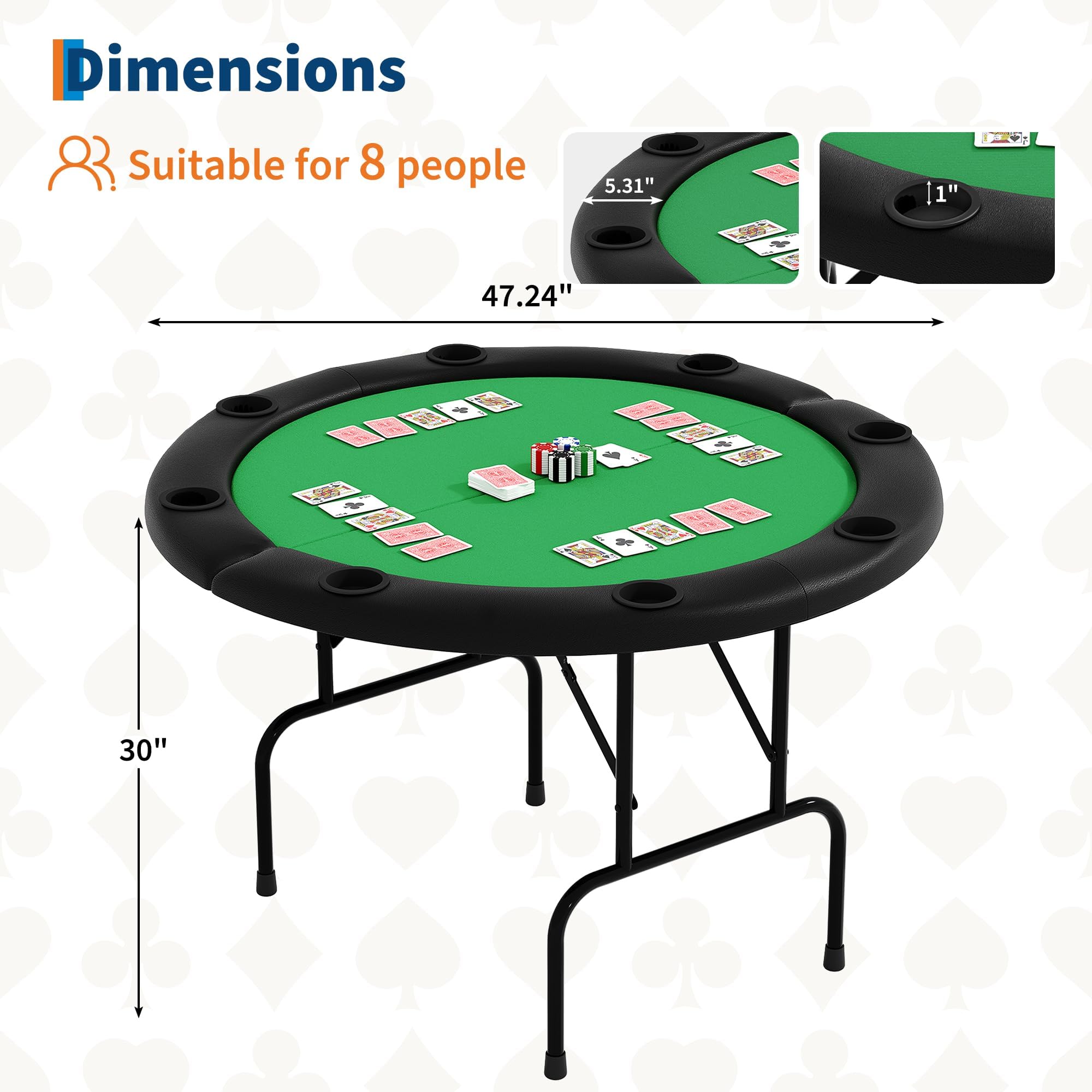 Table De Poker Pliante Ronde Pour 8 Joueurs, Table De Cartes Avec Feutre Vert Bordure Noire, 8 Porte-Gobelets En Plastique, Matériau Panneau De Particules, Pour Texas Hold'Em Blackjack Soirées De Jeux
