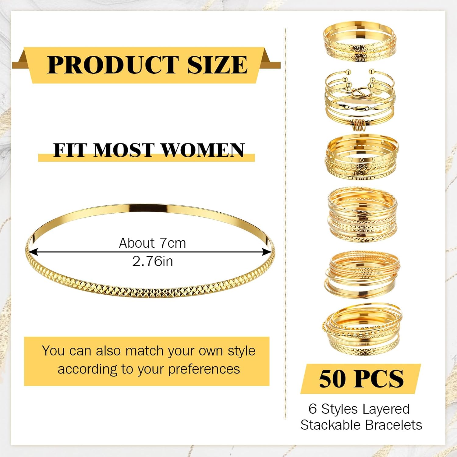 50 Pcs Valentine's Gold Bangle Bracelets for Women 6 Sets Gold Plated Multi Stackable Bracelet Jewelry Boho Gift for Women(Gold-1) - Image 2