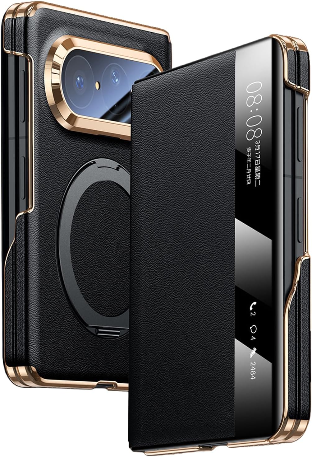 ,Black,Pura X Max, Genuine Leather Cover for Huawei Pura X Max, Smart View Window Flip Case Ring Kickstand Luxury Electroplated All -Inclusive Shell