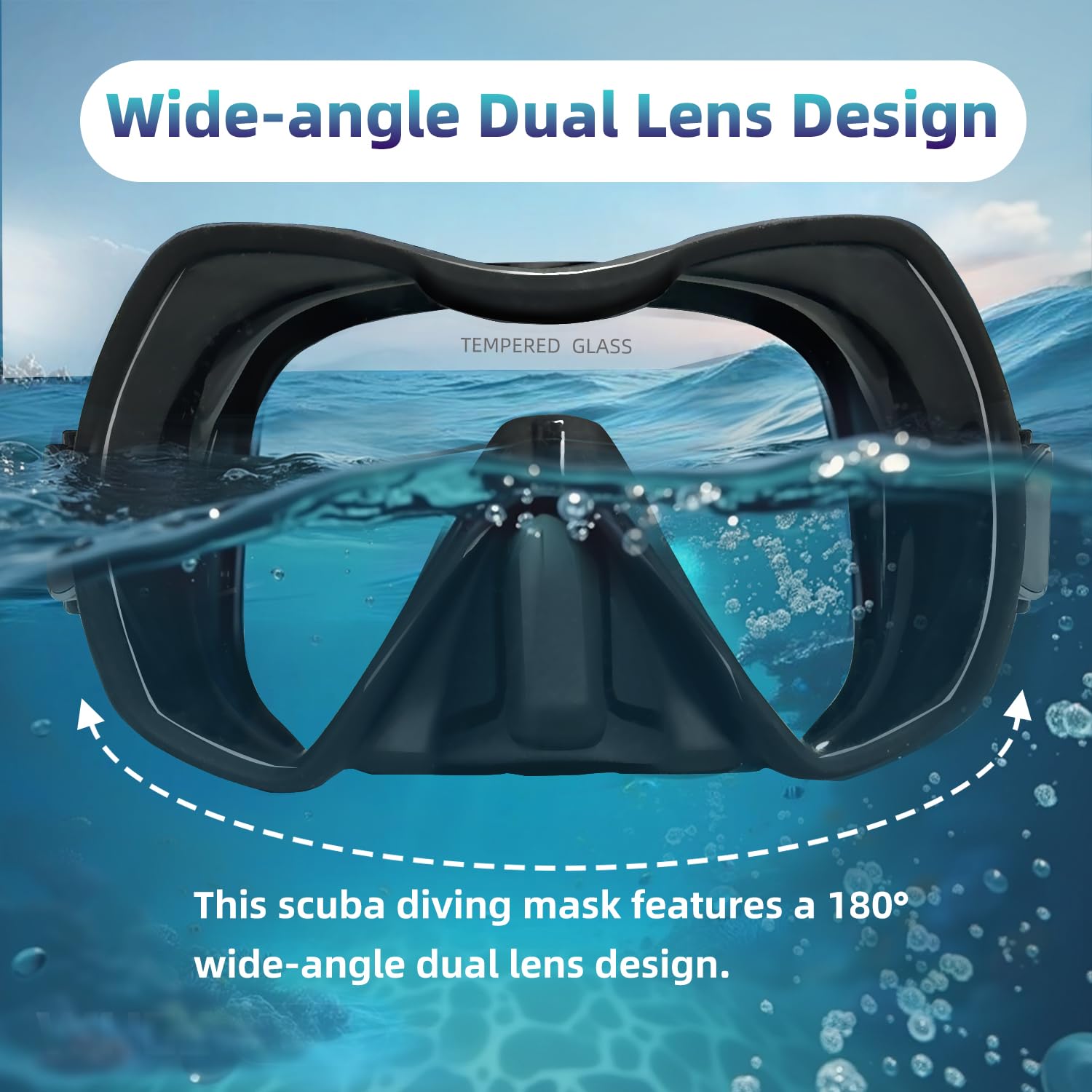 M120 - Máscara de buceo panorámica HD de silicona, antivaho de 180°, gafas de buceo de vidrio templado, gafas de buceo para adultos y jóvenes, gafas de natación para buceo, esnórquel y