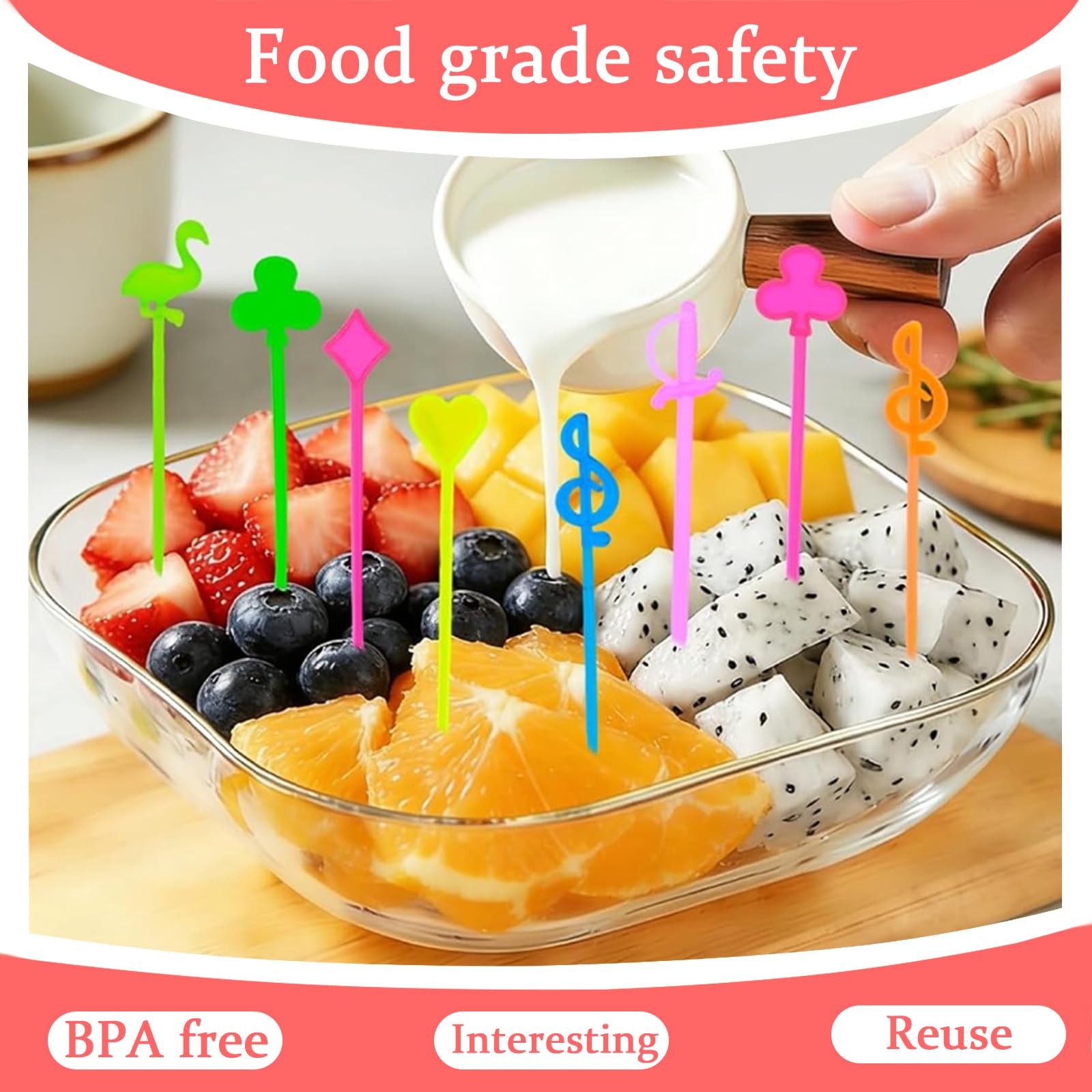 200 Brochettes à Fruits Réutilisables en Plastique sans BPA, Fourchettes Mini Enfant avec Motifs Cœur Note Musicale Flamant Épée, Piques Apéritifs Cocktail pour Soirée Barbecue Réunion Familiale