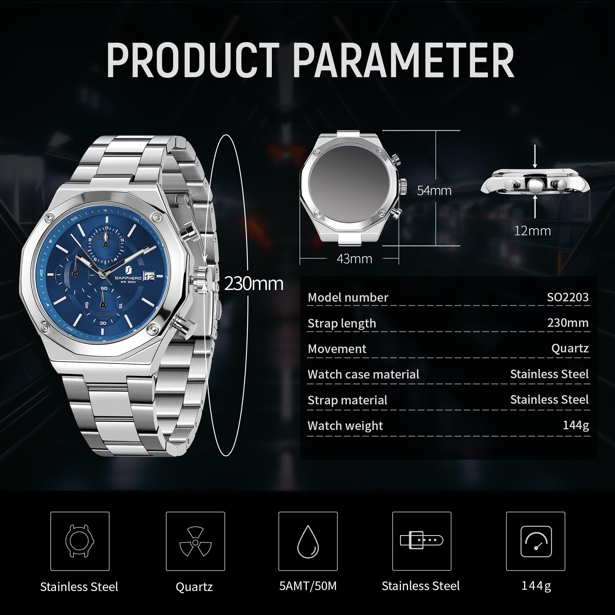 SAPPHERO Orologi Uomo Cronografo Orologi Analogici al Quarzo, Impermeabile 50M, Lancette Luminescenti, Data, Orologio Casual Business, Design Classico, Regalo Elegante
