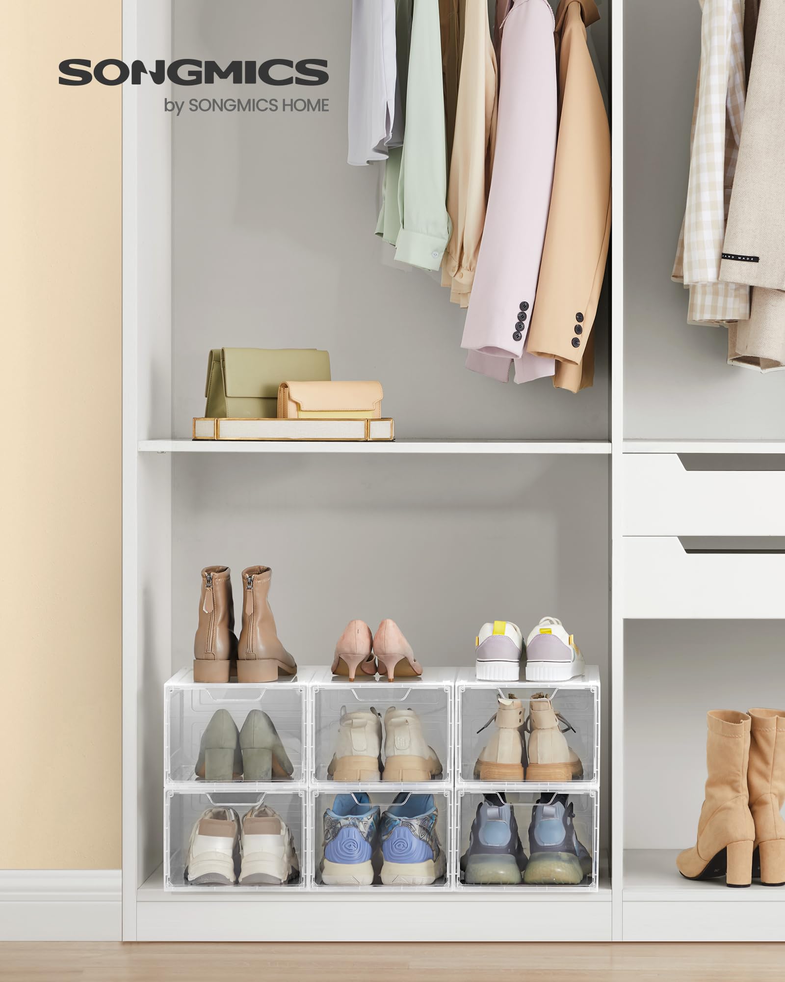 SONGMICS Cajas de Zapatos, Cajas Plástica Apilable para Zapatos, Juego de 6 Organizador de Zapatos, Ahorro de Espacio, Fácil Montaje, 34 x 25 x 18,4 cm, Hasta Talla 44, Blanco Transparente LSP032W06