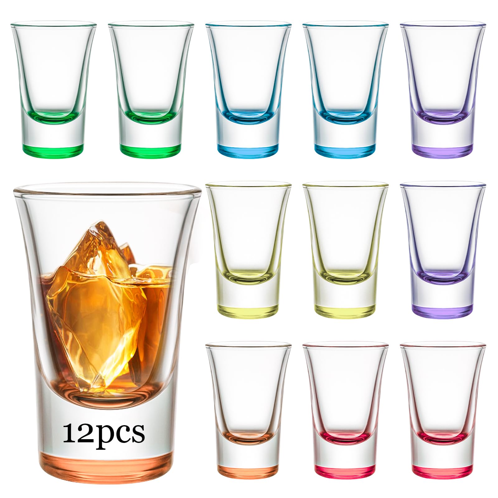 Ruckae 12 Pack 1oz Shot Glasses Set with Heavy Base Gradient Colorful Shot Glasses Bulk for Vodka Tequila Whiskey Liquor