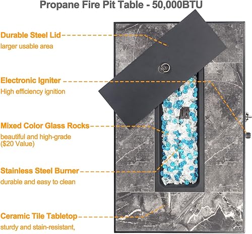 Miniatura 4 de Mesa de fuego de propano de 32 pulgadas, mesa de cerámica texturizada de mármol, mesa de fuego de 50,000 BTU con mimbre marrón, rocas de vidrio de