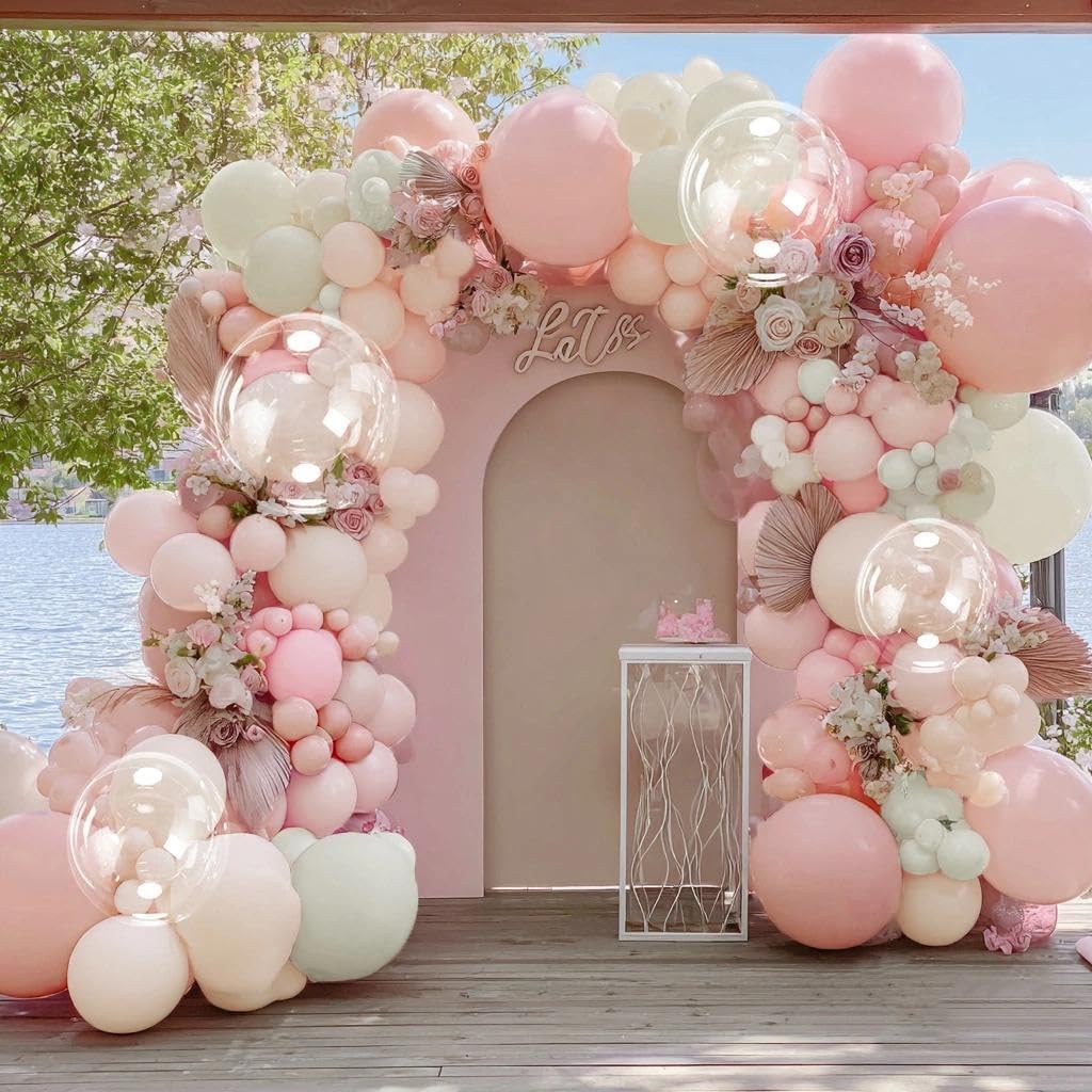 Pastel Pink White Balloon Arch Double Stuffed Light Pink White Sand Beige Balloon Garland Kit Peach Ivory Cream Balloons for Birthday Baby Shower