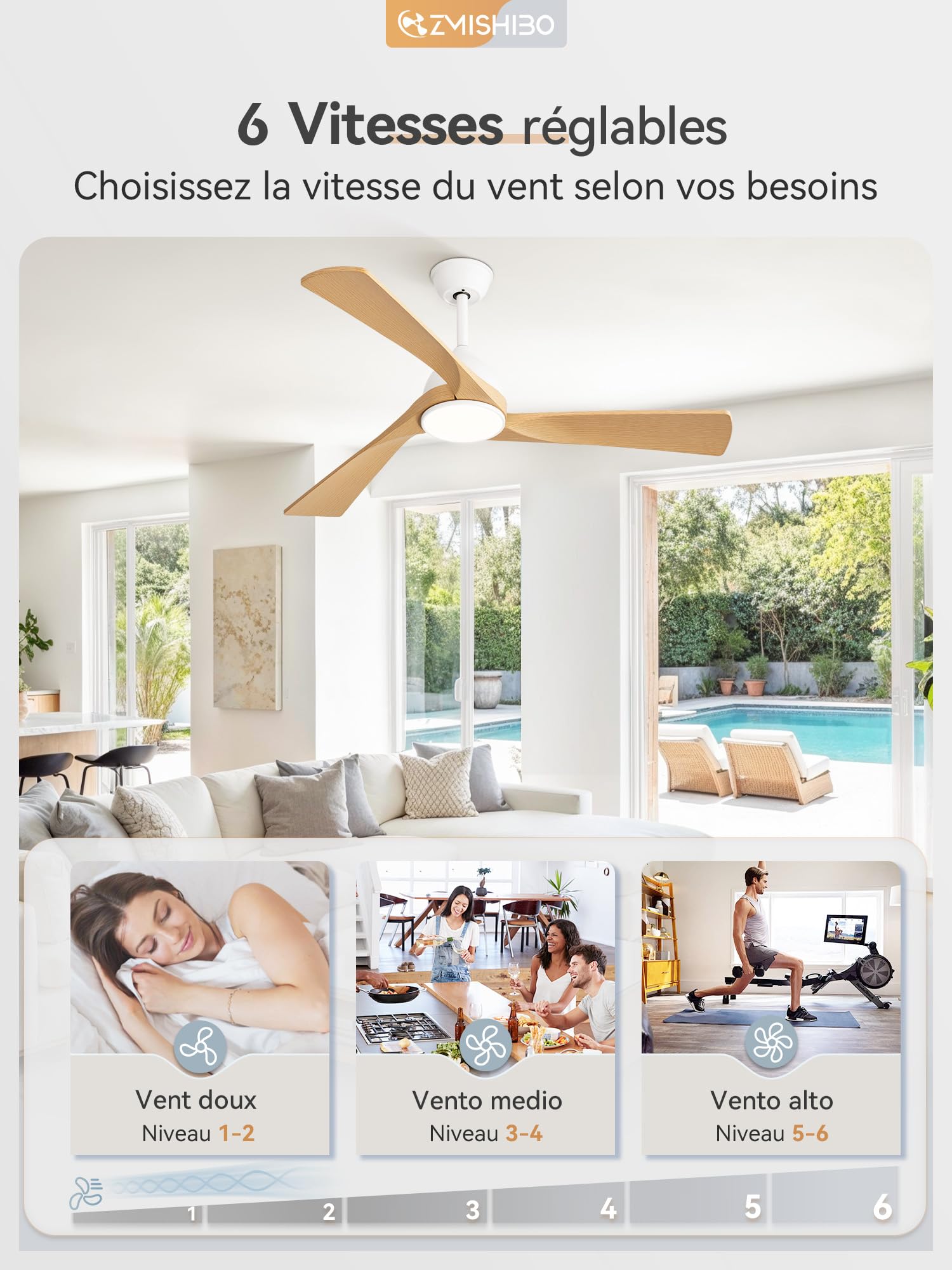 ZMISHIBO Ventilateur de Plafond avec Lumière et Télécommande, Ø132 cm, Moteur DC Silencieux, 6 Vitesses, 3 Températures de Couleur LED (3000K/4000K/6000K), Modes Été/Hiver, Minuterie 1/4/8h ABS