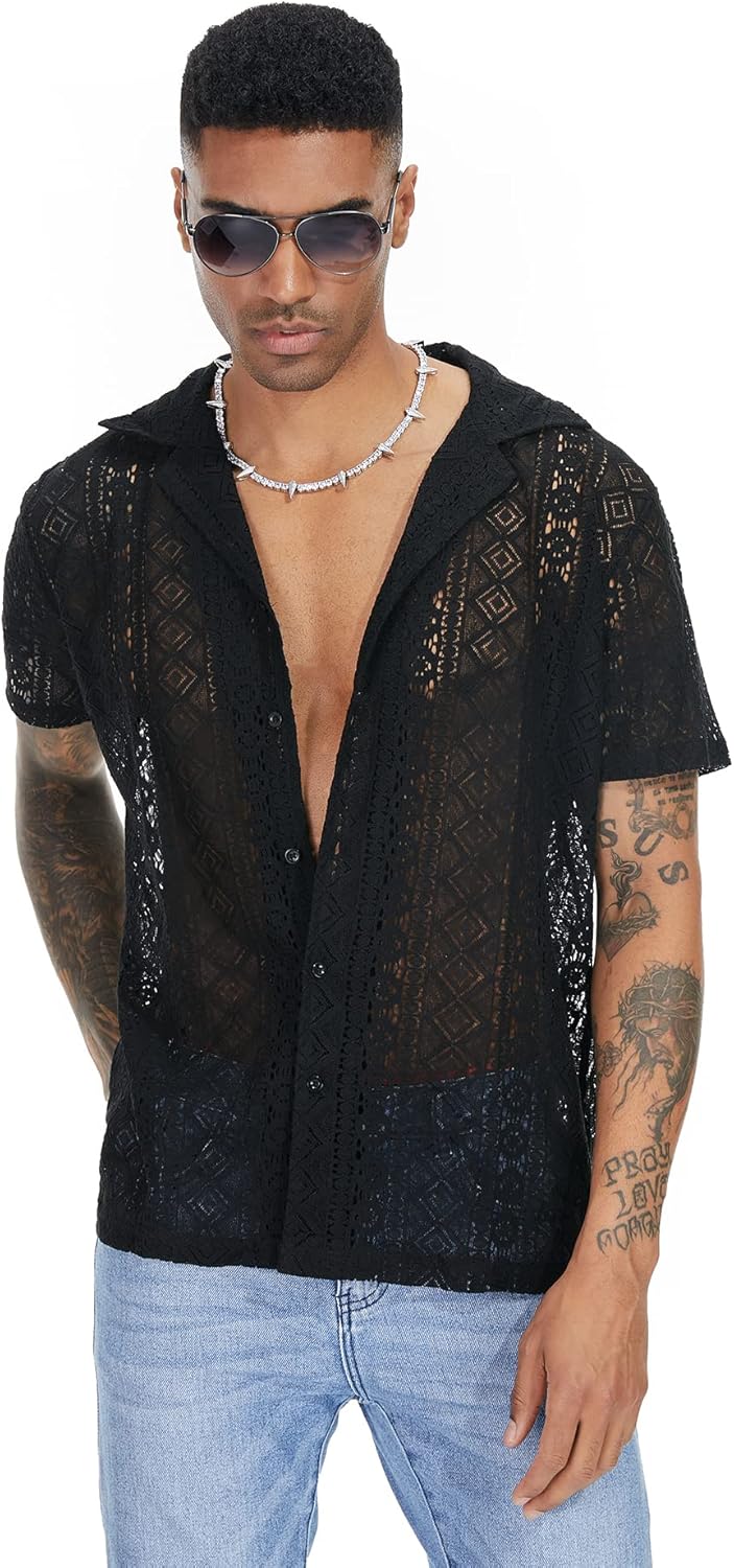 URRU Mens Floral Lace Shirt Short Sleeve Hollow Out Sheer See Through Casual Button Down Shirts - Image 2