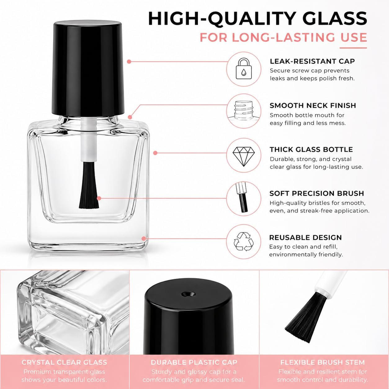 3Pc 5ml Empty Nail Polish Bottles with Brush, Clear Glass Nail Polish Brush