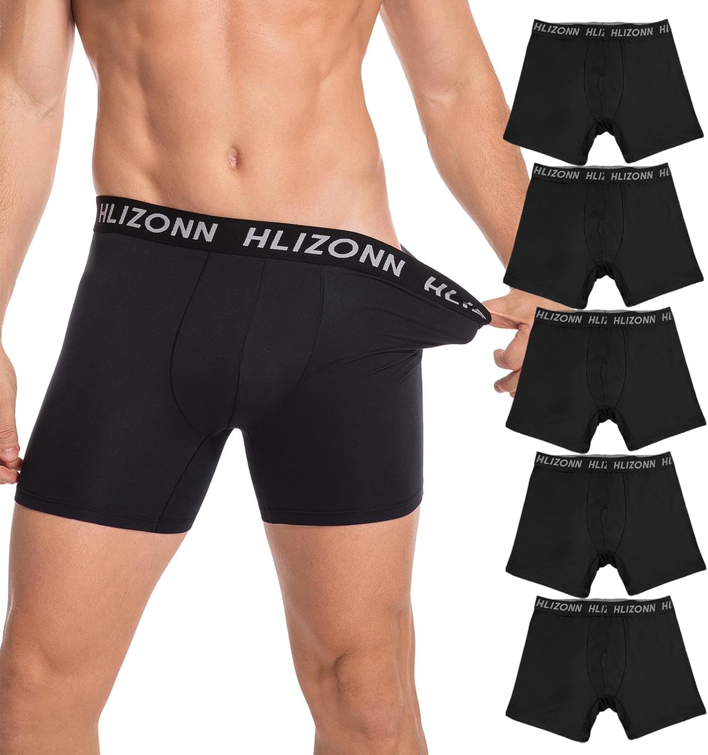 Hlizonn Men's Boxer Briefs 5-Pack, Ultra Soft, Moisture Wicking & Breathable Underwear with Comfort Pouch, Stretch Fit