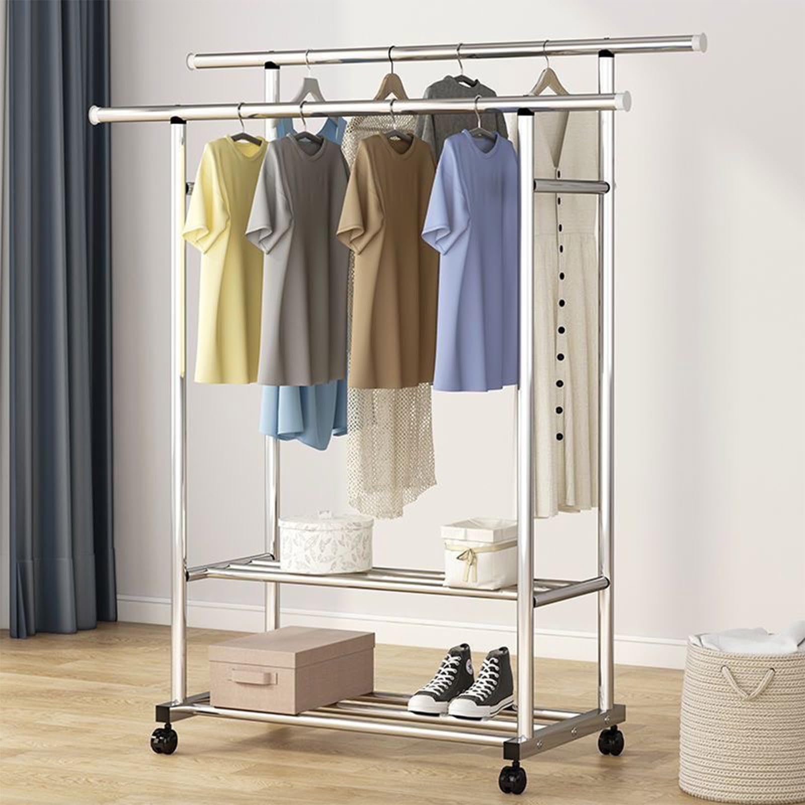 Porte-vêtements suspendu double tige acier robuste et rétractable