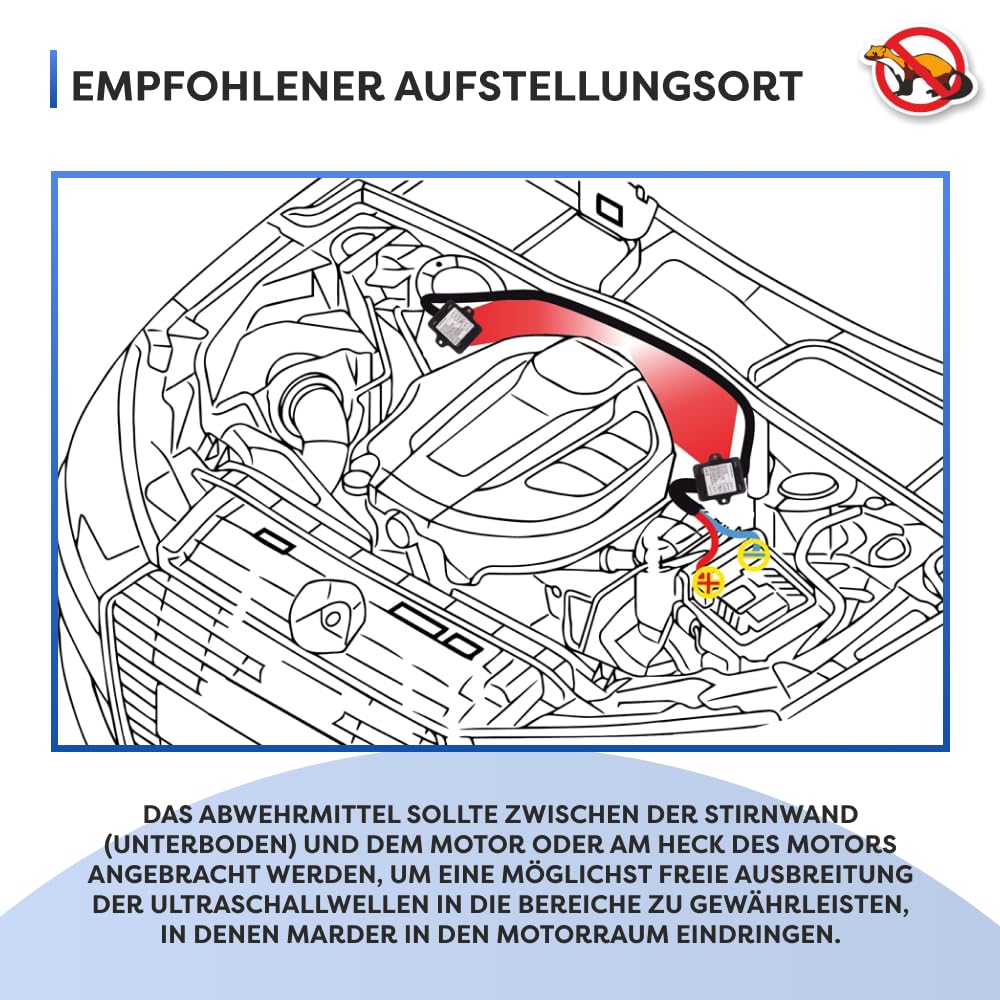 ON/Off Ultraschall Marderabwehr Auto – 2 Lautsprecher | Für große Motorräume | Start-Stop geeignet | 12V