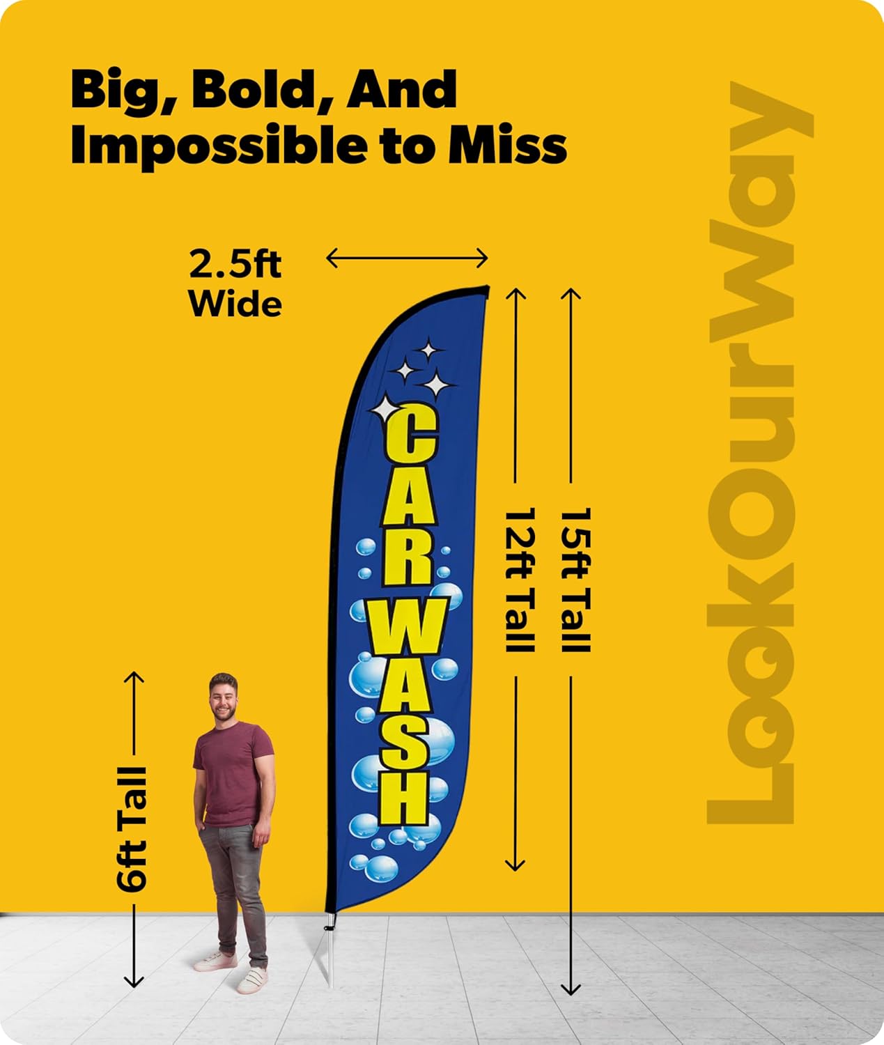 LookOurWay Feather Flag Pole Kit - 12 Feet Tall Advertising Flag Banner with Fiberglass Pole Kit and Ground Spike for Business Promotion - Car Wash Flags - Car Wash Bubbles (10M1200046)