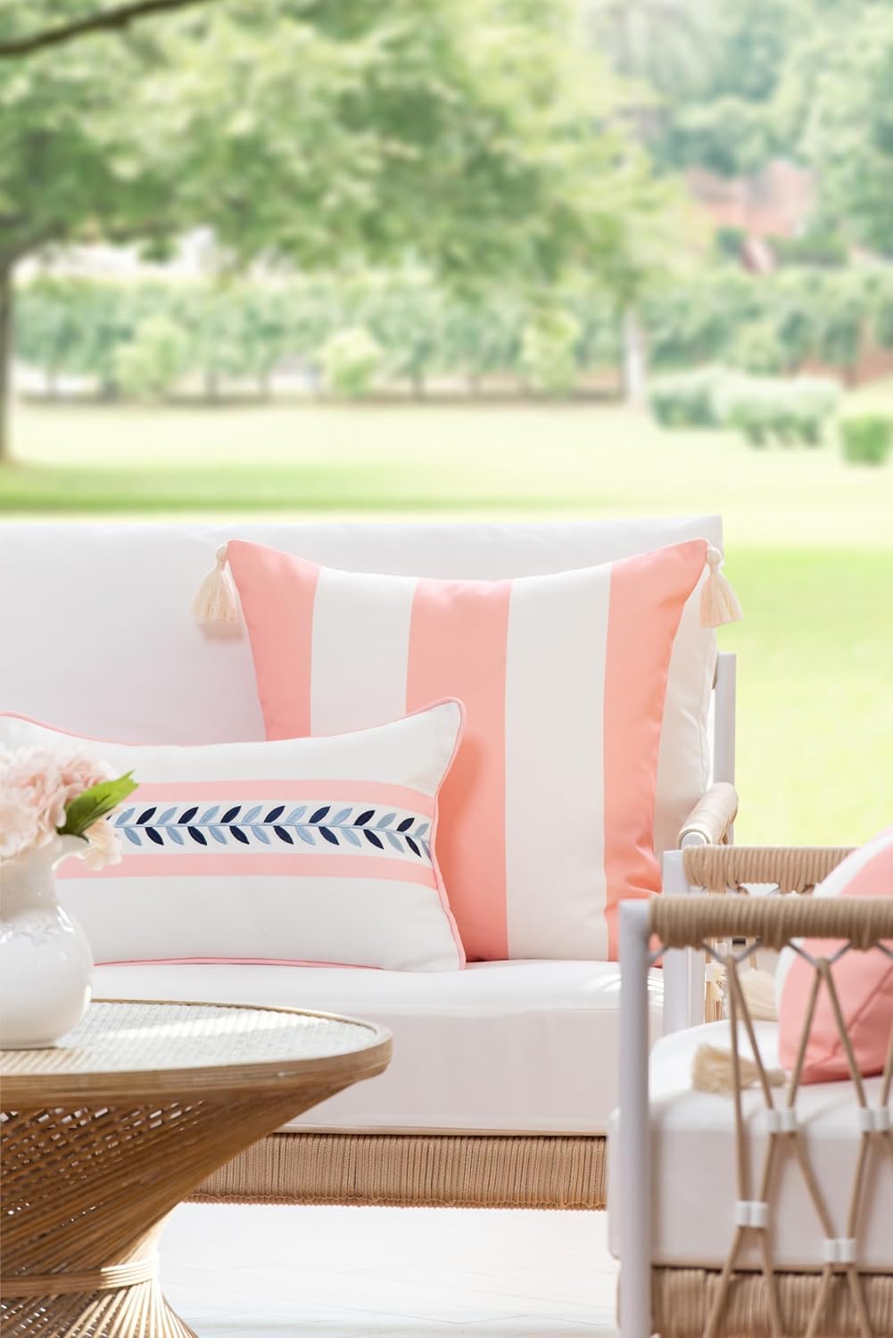 Hofdeco Premium Coastal Patio Indoor Outdoor Throw Pillow Cover Only, 20"x20" Water Repellent for Backyard, Couch, Blush Pink Wide Stripes with Tassels