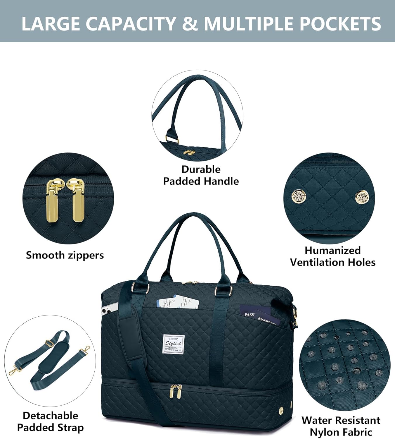 Travel Weekender Bags For Women - Carry On Duffel Bags with Shoe Compartment Overnight teal Weekender Tote Bags with Wet Pocket Gym Duffle Bag for Travel Sports Weekend Hospital Peacock Blue - Image 4