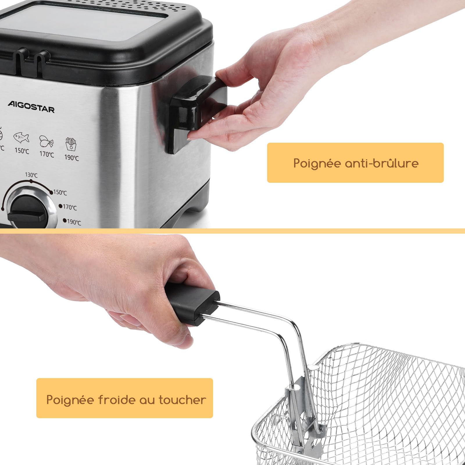 Aigostar Mini Friteuse Électrique 1,5 L | Marmite en Acier Inoxydable 1000W avec Thermostat Réglable 130-190°C