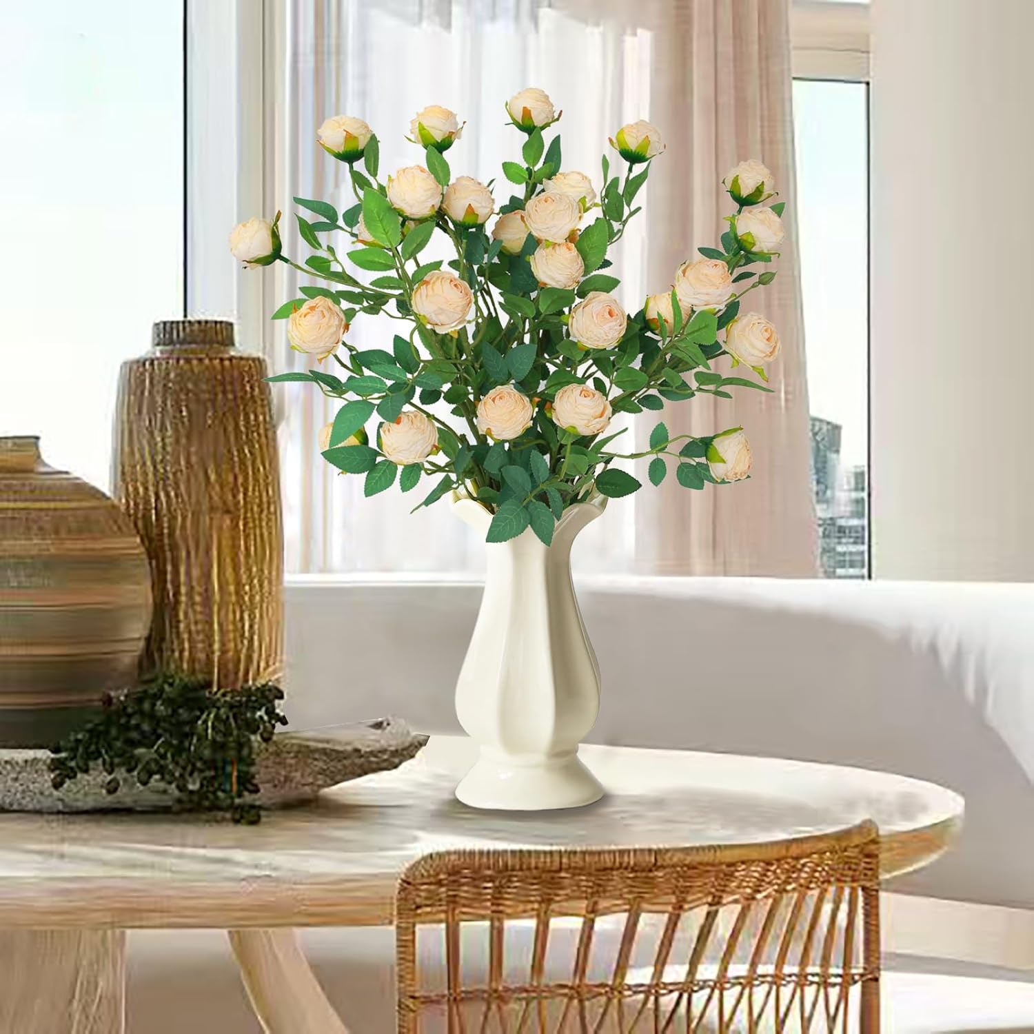 CHIAVE 8pcs 24 Flower Buds Artificial Vintage Roses Fake Silk Rose Flowers with Long Stem for DIY Bouquets Wedding Centerpiece Party Home Kitchen Shorp Decoration-Beige