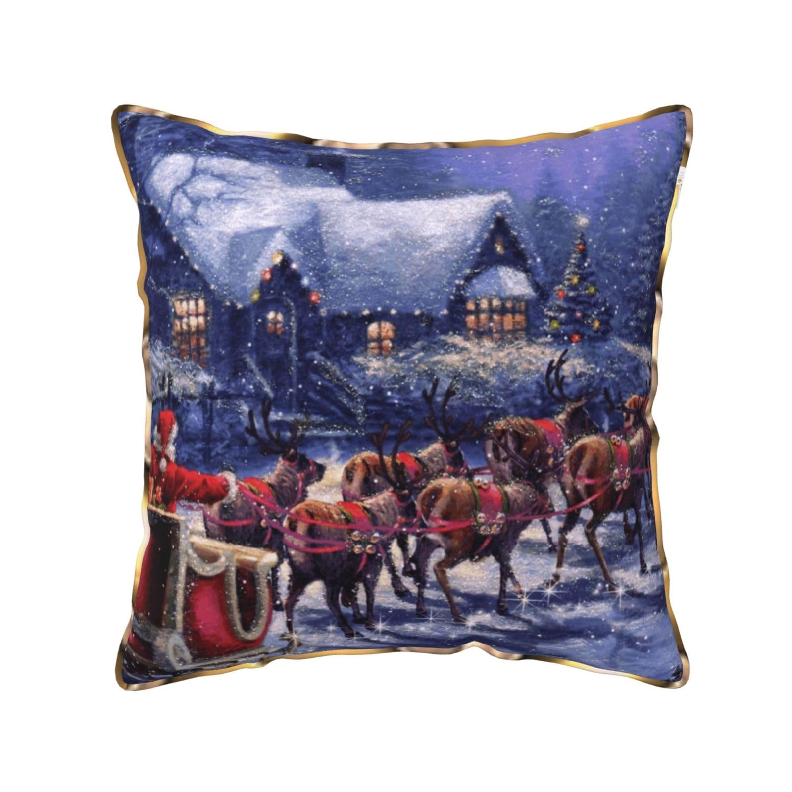 AUBKFELD Snow Night Santa and Deer Printed Velvet Cushion Cover 40x40 CM with Gold Edging Strip, Square Pillowcase Soft Throw Pillow Covers Case Decorative for Living Room Sofa Couch Bed Bench