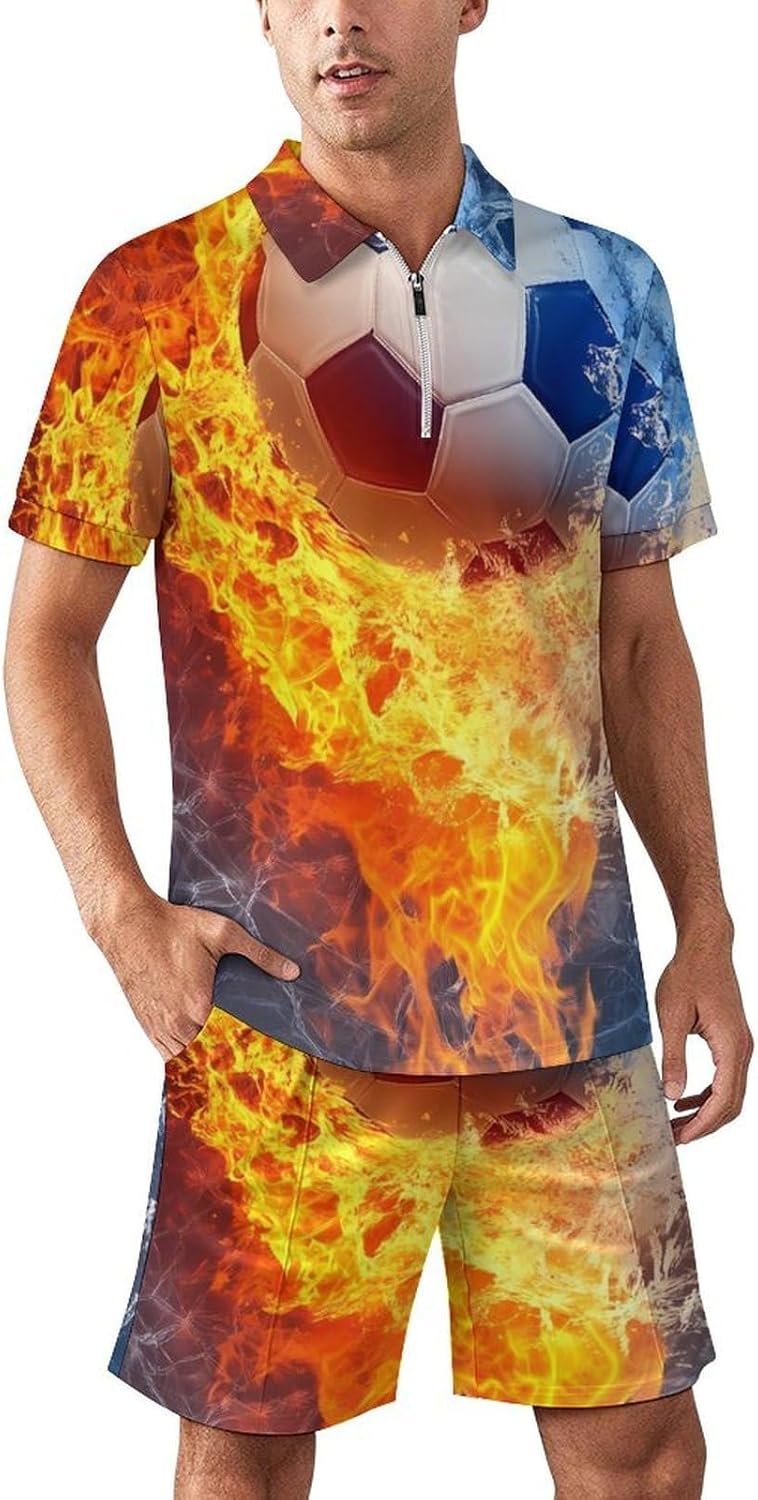 Soccer Water Fire Mens Polo Shirts Track Suits 2 Piece Short Sleeve Sweatsuit 1/4 Zip Golf Loungewear for Sports
