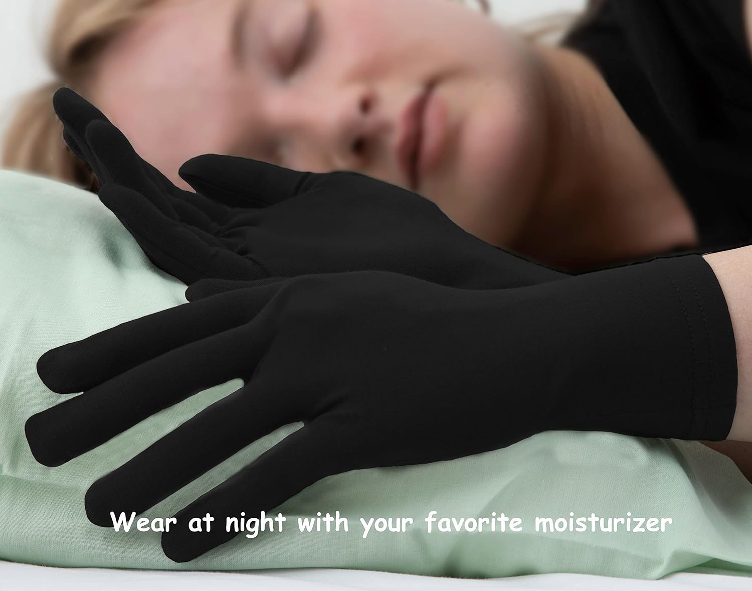 Bamboo Gloves for Eczema, Black, Small, Women, Dry Hands, Overnight Moisturizing Gloves, 3 Pairs