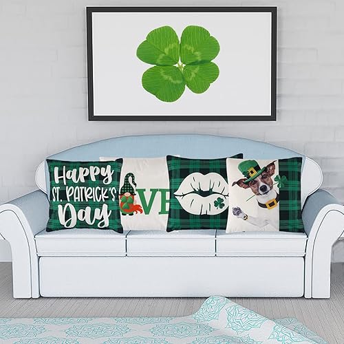 Miniatura 4 de Juego de 4 fundas de almohada decorativas para el día de San Patricio de 18 x 18 pulgadas fundas de almohada de búfalo verde diseño de trébol