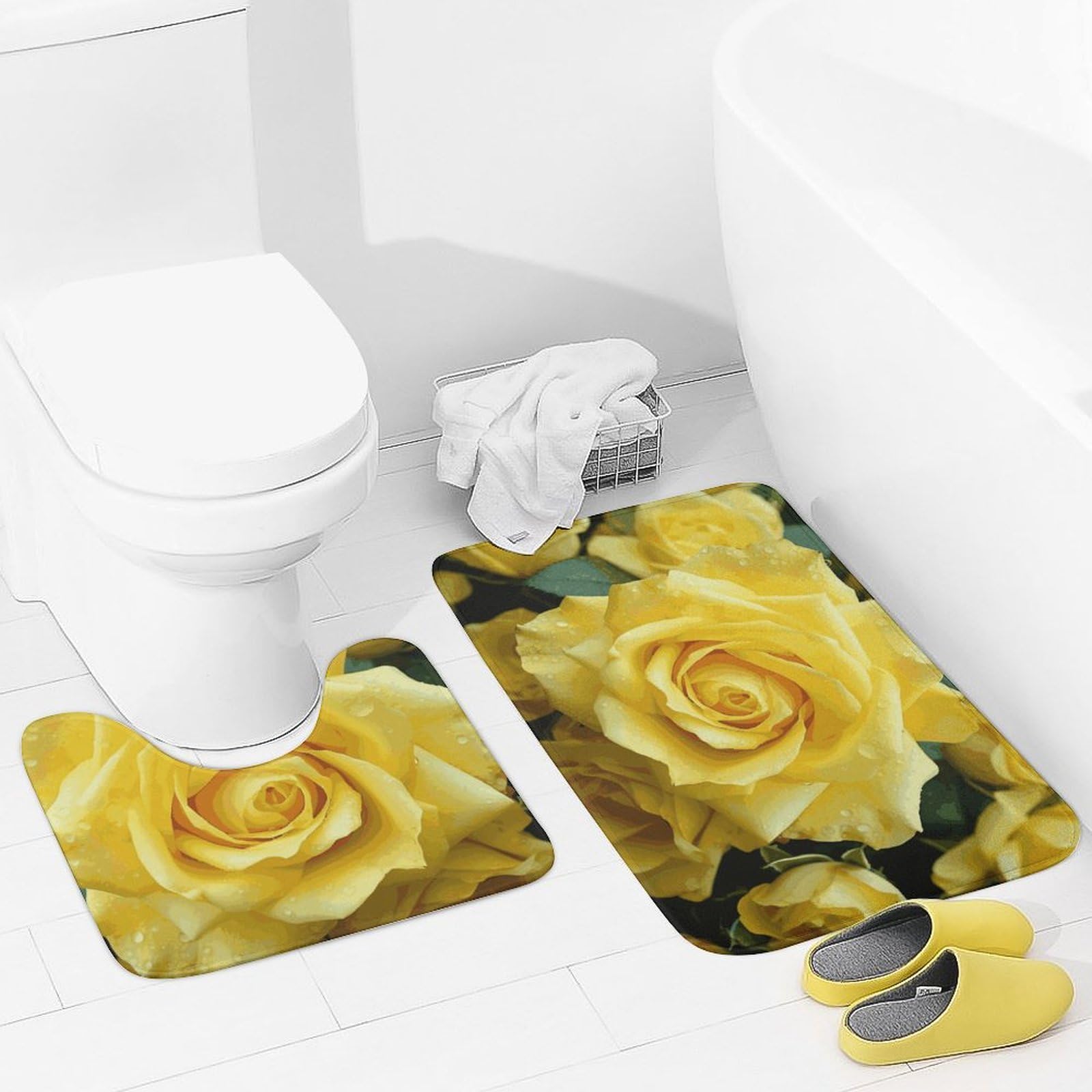EKYOSHCZ 2 Piece Bathroom Rugs Sets Soft Absorbent Microfiber Bath Rugs and U-Shaped Contour Toilet Rug Non-Slip Floor Mat Graceful Yellow Rose Flower