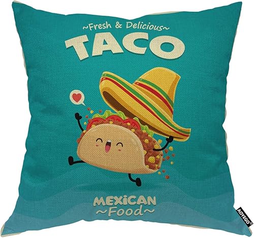AOYEGO Funda de almohada con diseño de taco de comida mexicana, linda y divertida tortilla de dibujos animados con sombrero de res feliz, 18 x 18