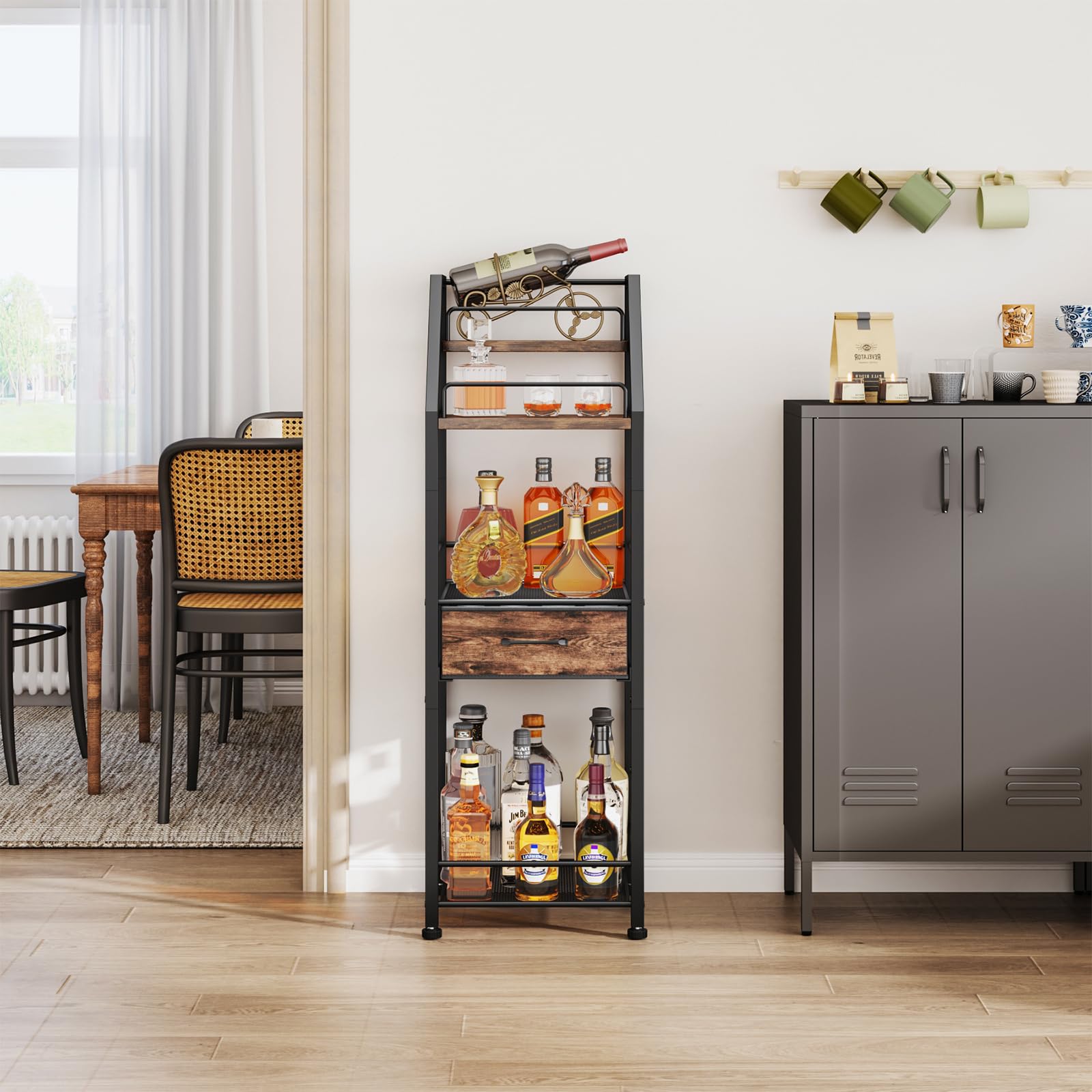 HapiRm Weinregal Freistehend Weinflaschenregal Flaschenregal - 4-stöckiger Stufenlikör Flaschenständer für Zuhause mit Stoffschublade, Wein & Glas Organizer für Bar, Wohnzimmer, Küche oder Esszimmer