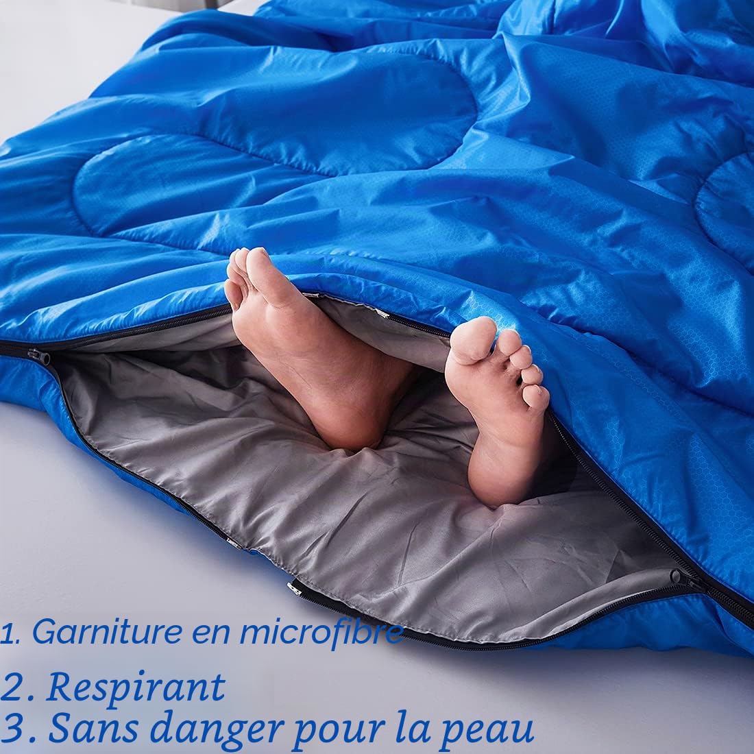 Sac de Couchage – Sac de Couchage 3 à 4 Saisons pour Adultes, Enfants, Filles, garçons, pour randonnée, Temps Froid et Chaud, léger (Bleu Gris, Double 220 x 150 cm)