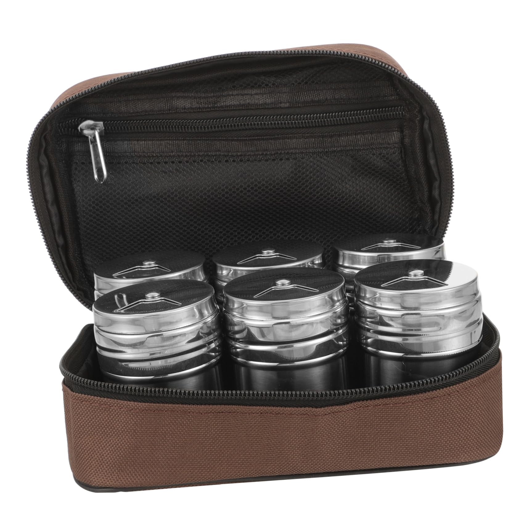 Wakauto 1Set Stainless Steel Condiment Jar Portable Seasoning Dispenser with Rotating Lid for Outdoor Cooking Bbq and Camping Includes Spice Containers and Carrying Bag
