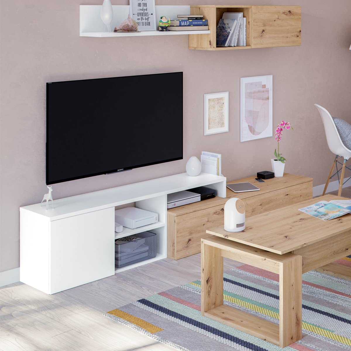 MarinelliGroup Parete attrezzata soggiorno moderna mobile TV pensile mensola sala pranzo salotto ROVERE NODI BIANCO 220 X 40 X 44 016647W