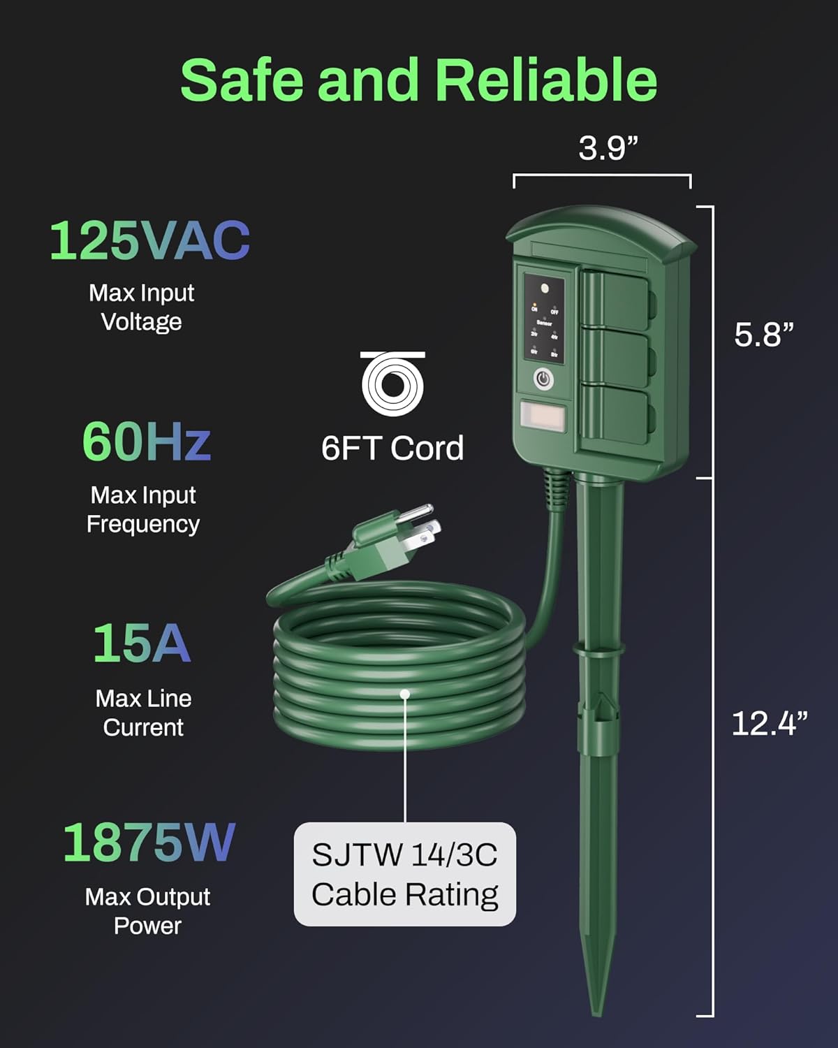 Diagram showing the dimensions of the BN-LINK Outdoor Power Stake: 5.8 inches height, 3.9 inches width, 12.4 inches stake length, 6FT cord, 15A, 1875W.
