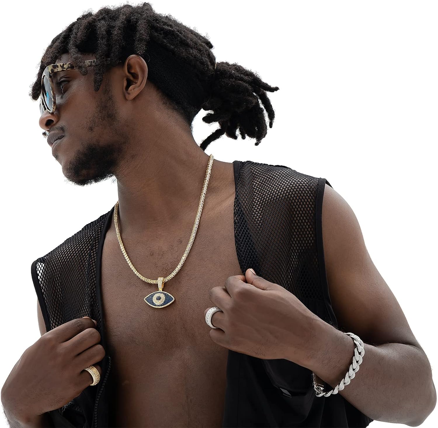 Miniatura 3 de IVY TAILI Collar de mal de ojo, chapado en oro de 18 quilates, dije helado con cadena de cuerda, circonita cúbica, diamante, colgante de oro, dije