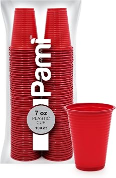PAMI Colorful 7oz Plastic Party Cups [Pack of 100] - Disposable Drinking Glasses Bulk- BPA-Free Colored Cups For Iced Tea, Jello, Punch, Cocktails, Shots & Cold Drinks- Throw-Away Red Plastic Cups