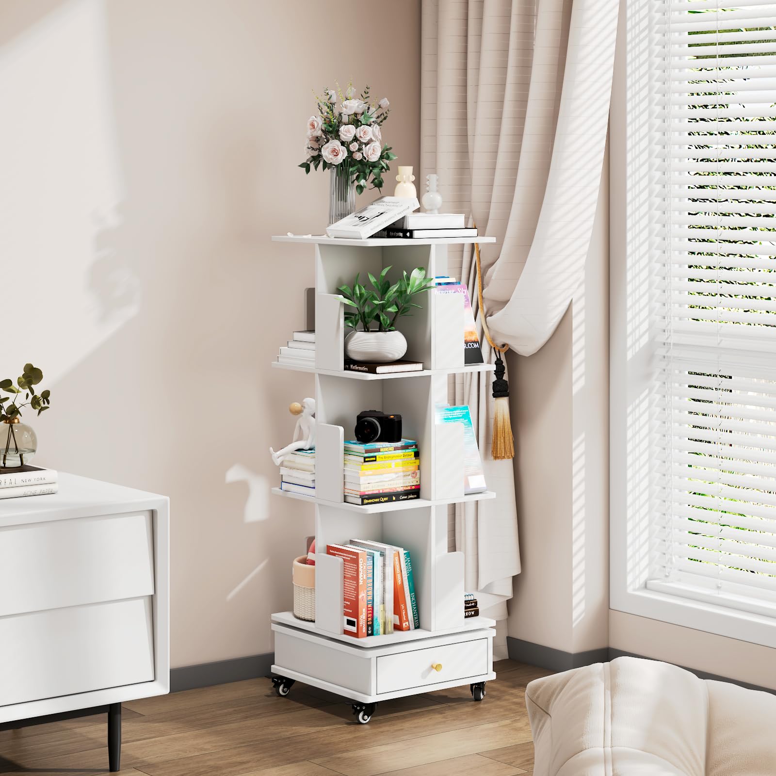 Libreria Girevole a 3 Livelli, Libreria Girevole 360 Gradi con 1 Cassetto e 4 Rotelle, Scaffale Girevole con Illuminazione a LED, Organizer per Soggiorno Studio Ufficio Libri, Bianco